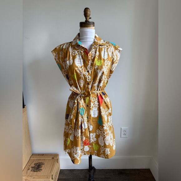 ANTHROPOLOGIE MAEVE TONIGHT TUNIC DRESS MUSTARD COTTON FLORAL BELTED XS - Picture 3 of 10